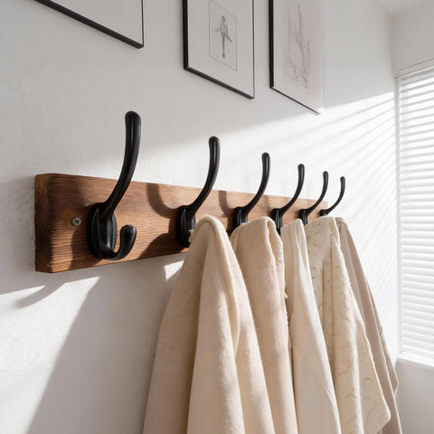 HONSKY Wall Coat Rack - 6 Double Hooks (44cm) | Wooden & Metal Towel/Coat Hanger for Entryway, Bathroom, Bedroom, Garage