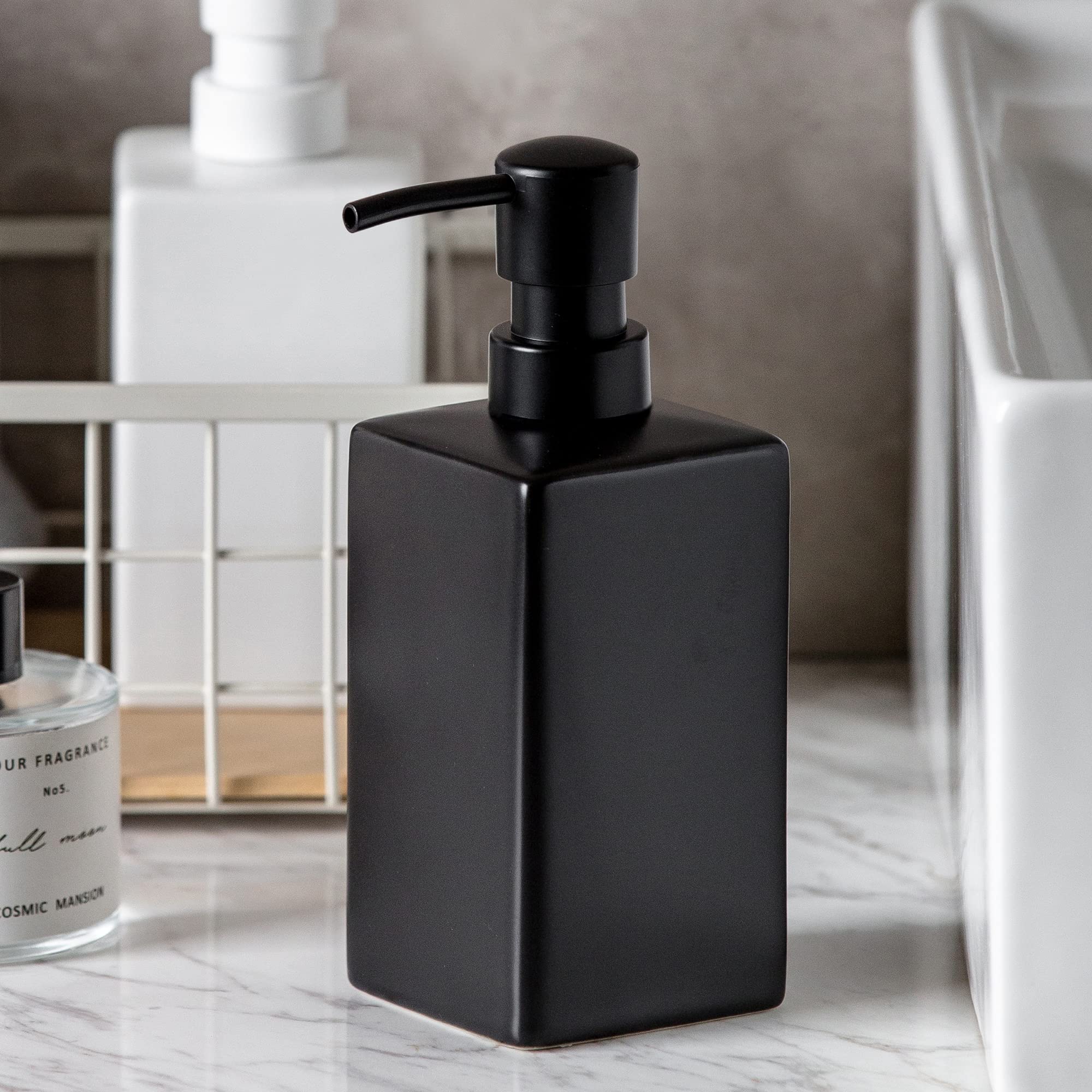 Matte Black Soap Dispenser Ceramic,Square Hand Soap and Lotion Dispenser for Bathroom Countertop,Dish Soap Dispenser for Kitchen-14oz.…