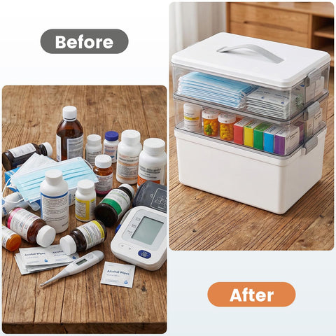 TranRantic 3-Layer Medicine Storage Box, 33.5×22×26.5cm Large Medicine Box with Leather Handle, Multifunctional Medication Storage Box