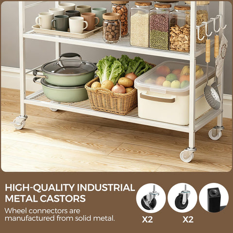 3-Tier kitchen trolley,Oak Wood Top,80W×30Dcm,4 Hooks, Adjustable Shelves