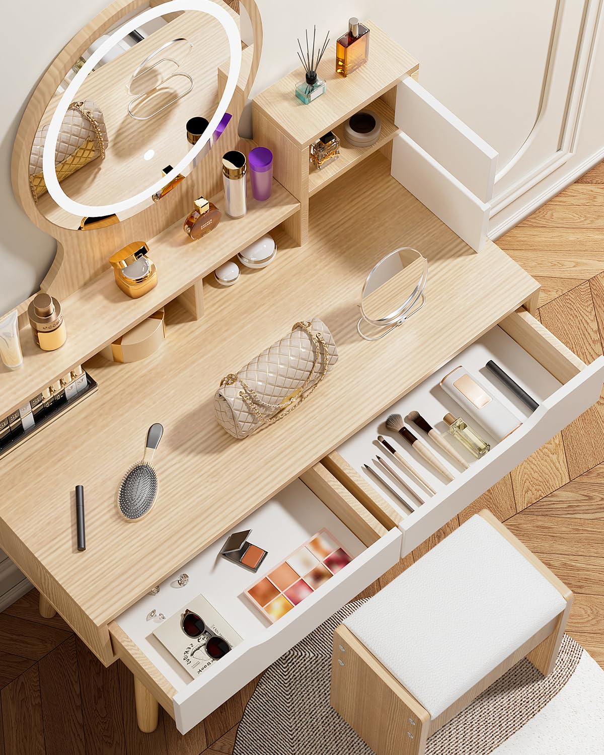 Dressing Table with Round Mirror and Lights, Small Vanity Desk with Stool