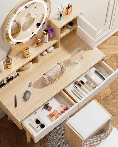 Dressing Table with Round Mirror and Lights, Small Vanity Desk with Stool