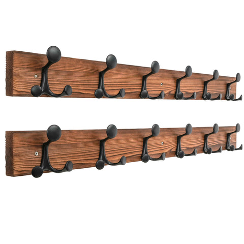 HONSKY Wall Mounted Coat Rack, 91cm BrownPine Wood Base, 6 Black Sturdy Aluminium Alloy Triple Hooks(18 Hanging Points)