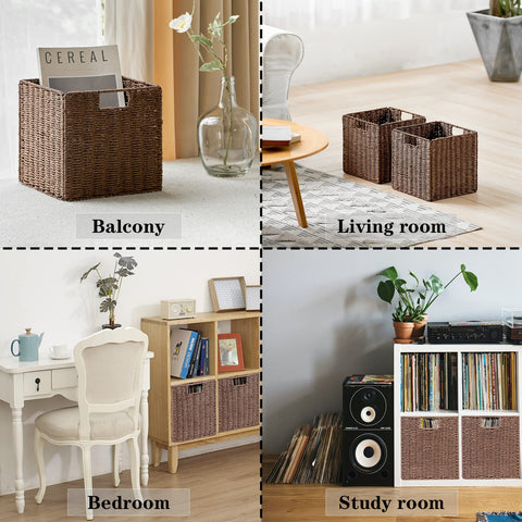 Vagusicc Wicker Baskets, Set of 2 Hand-Woven Paper Rope Foldable Cubby Storage Bins