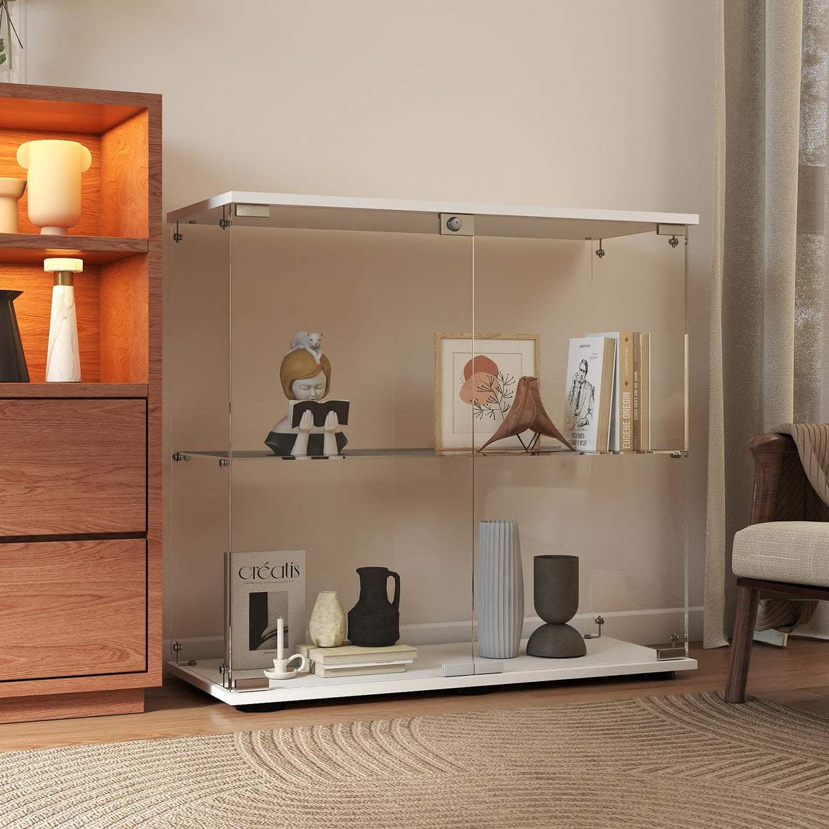 Beauty4U 2-Shelf Double Door Glass Display Cabinet, 83cm Tall, White