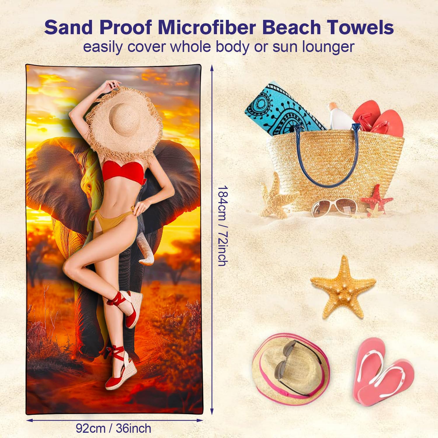 Violetpos Sunset Elephant Beach Towel, Extra Large 180x90 cm 250GSM Microfibre, Sand Free Quick Dry