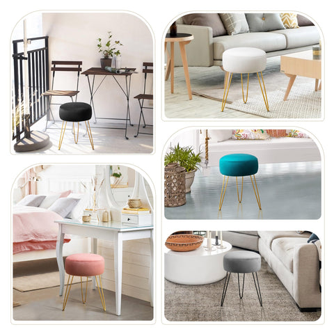 LUE BONA Velvet Round Stool Dressing Table Stool, Makeup Vanity Stool, Ottoman Padded Stool Metal Legs Support, Turquoise Blue