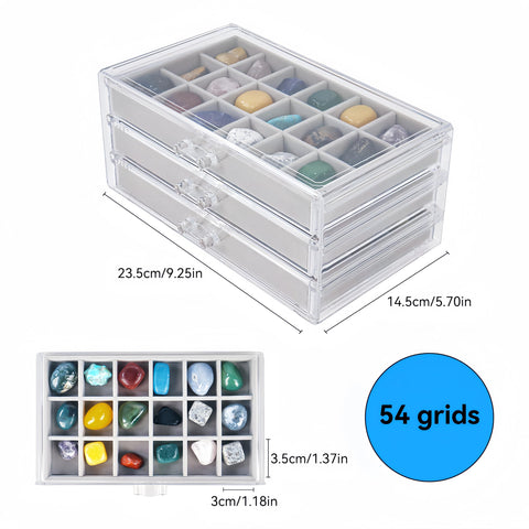 Dmnnlp Rock Display Case, 3 Drawers 54 Grids Rock Collection Box, Storage Cases for Gemstone Fossil Crystal Stone Jewellery (Grey)