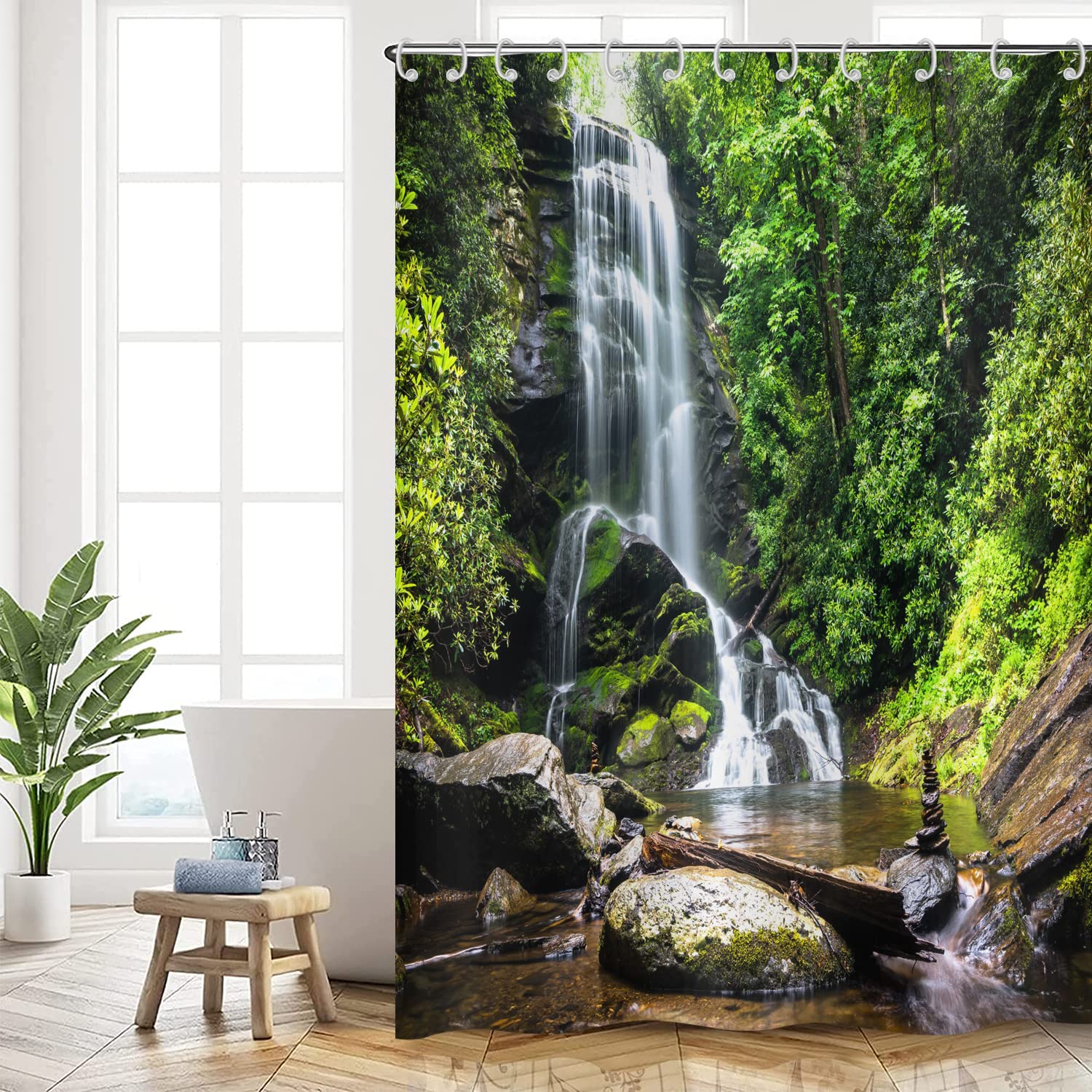 Hnmdmyi Forest Shower Curtain 240x180, Tropical Jungle Rainforest Green Tree Plant Nature Landscape Waterfall Scenery Bathroom Curtains Waterproof
