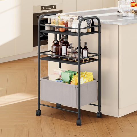 YITAHOME metal storage trolley on wheels, 3 Tier kitchen trolley, storage cart with Woven Basket, Lockable Wheels, Handle, book cart for office