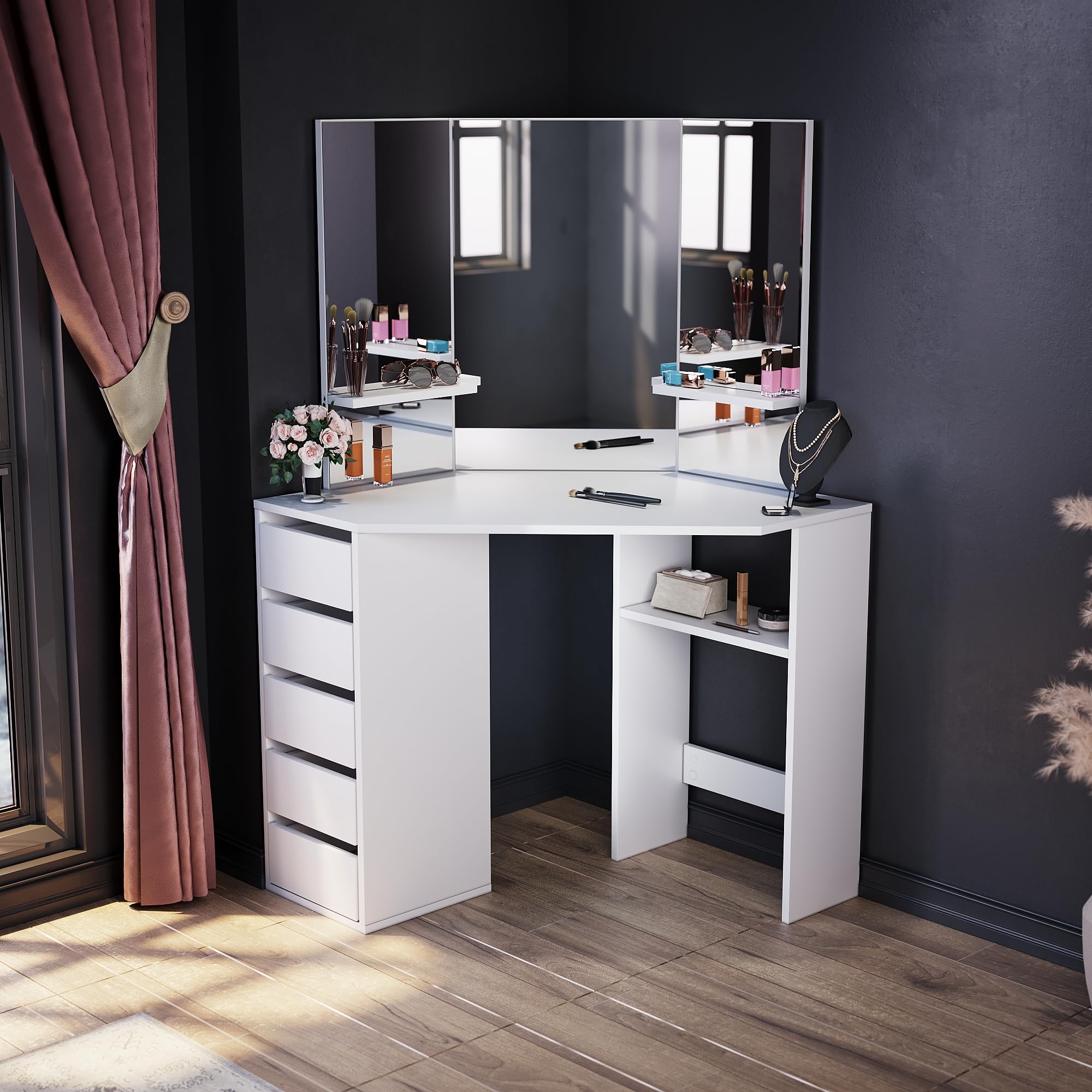 ELEGANT Corner Dressing Table with Mirror and 5 Drawers, 54x111x142cm