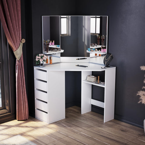 ELEGANT Corner Dressing Table with Mirror and 5 Drawers, 54x111x142cm
