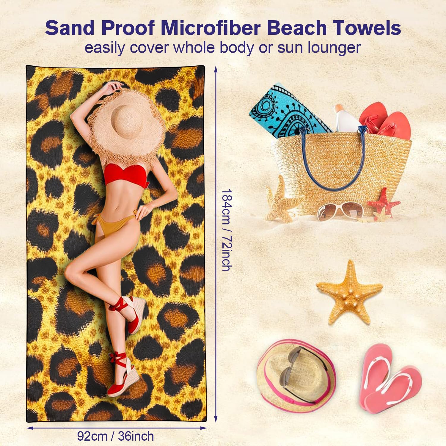 Violetpos Realistic Leopard Fur Print Beach Towel, Extra Large 180x90 cm 250GSM Microfibre, Sand Free Quick Dry