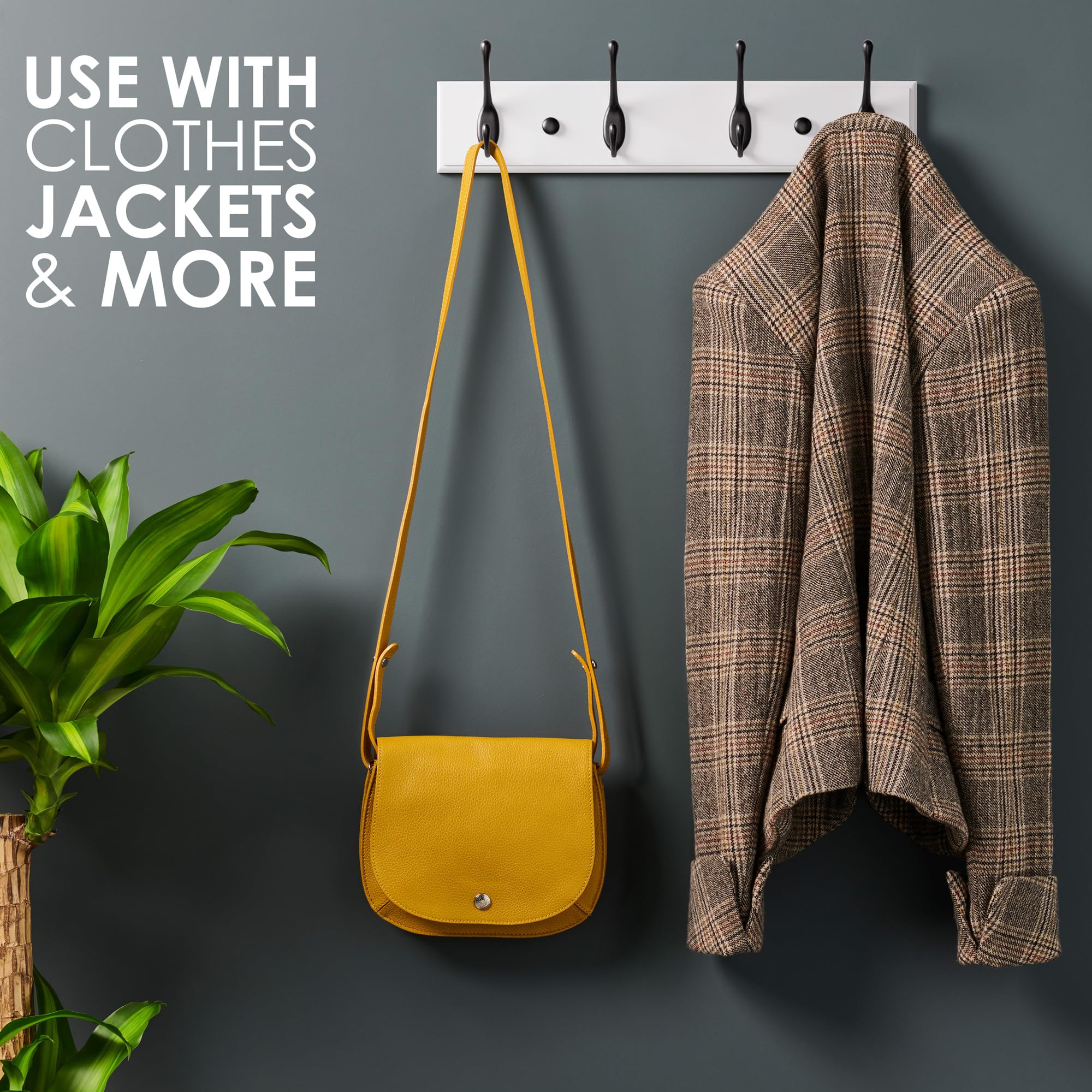 LARHN White Wall-Mounted Coat Rack - 4 Black Coat Hooks, 42cm