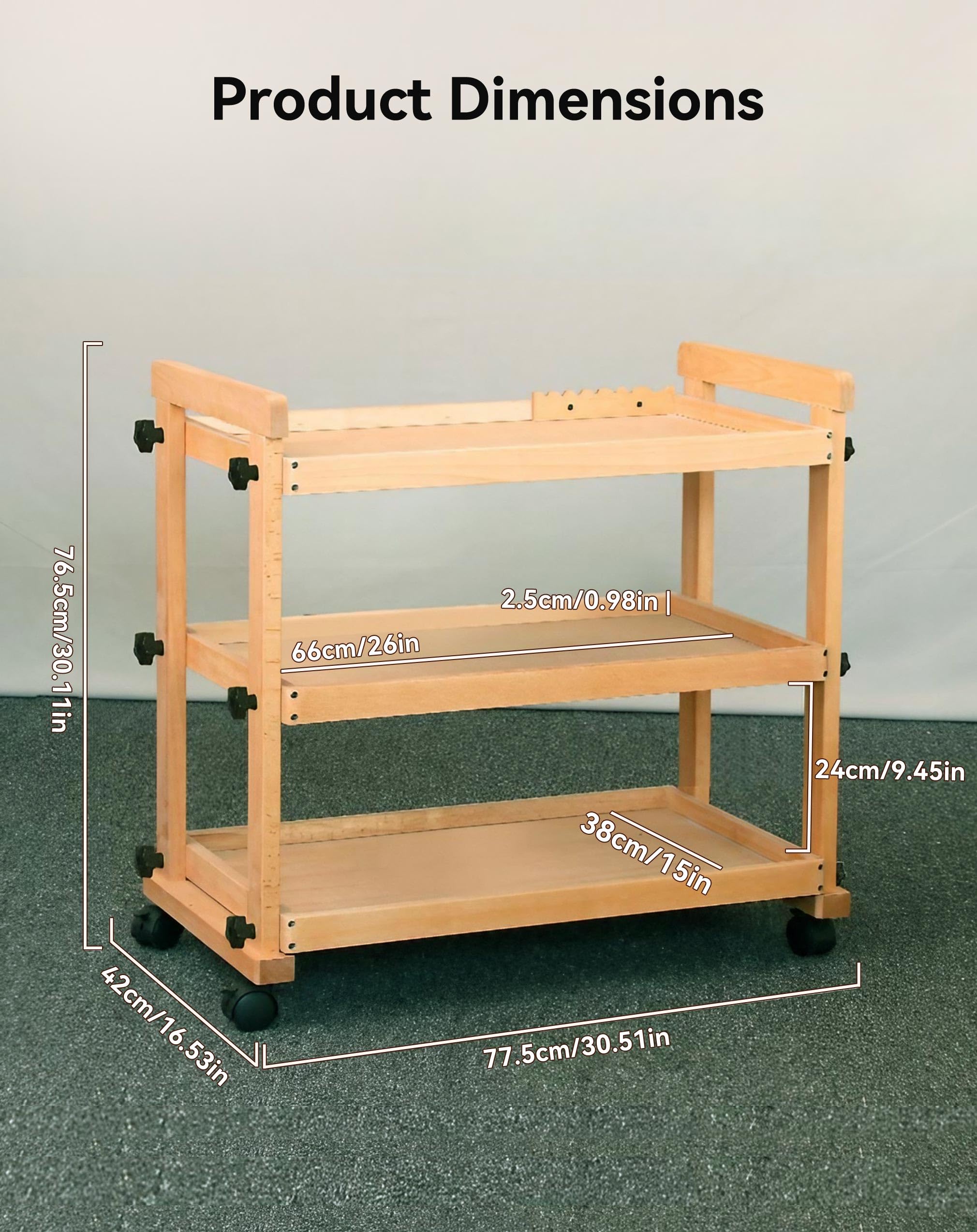 3-Tier Rolling Art Cart with Wheels, Solid Beechwood Studio Storage Organizer for Artists, Craft Supplies & Classroom
