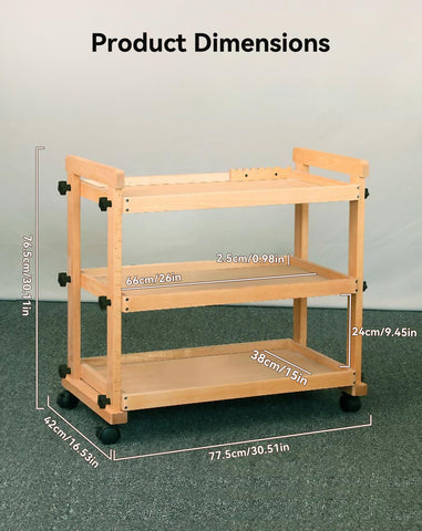 3-Tier Rolling Art Cart with Wheels, Solid Beechwood Studio Storage Organizer for Artists, Craft Supplies & Classroom