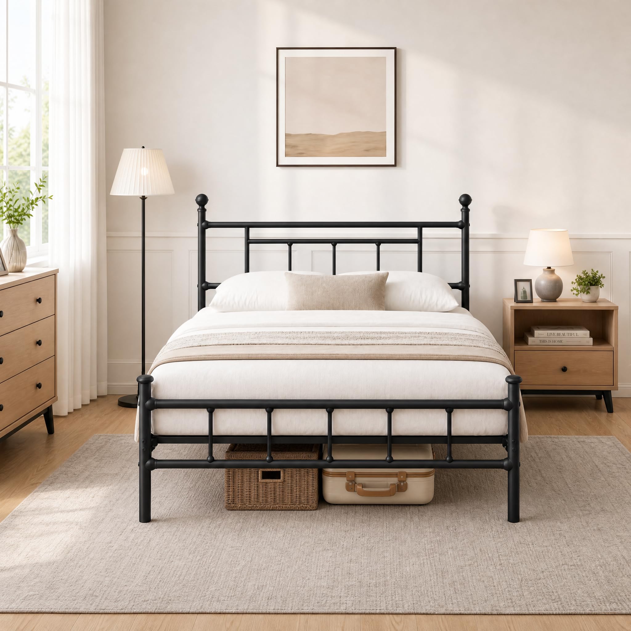 Apextella Home 4ft6 Double Bed Frame Heavy Duty Steel Bed with Headboard and Footboard Black Metal Slat Support and 32cm Underbed Storage Space Easy
