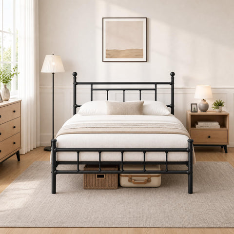Apextella Home 4ft6 Double Bed Frame Heavy Duty Steel Bed with Headboard and Footboard Black Metal Slat Support and 32cm Underbed Storage Space Easy