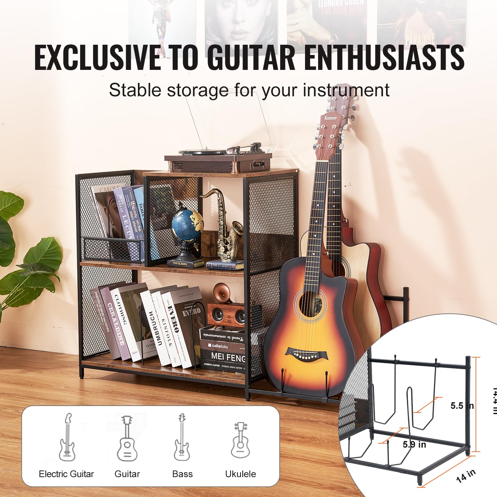VEVOR 3-Tier Record Player Stand with Guitar Holder, Turntable Stand with Storage Holds Up to 300 Albums