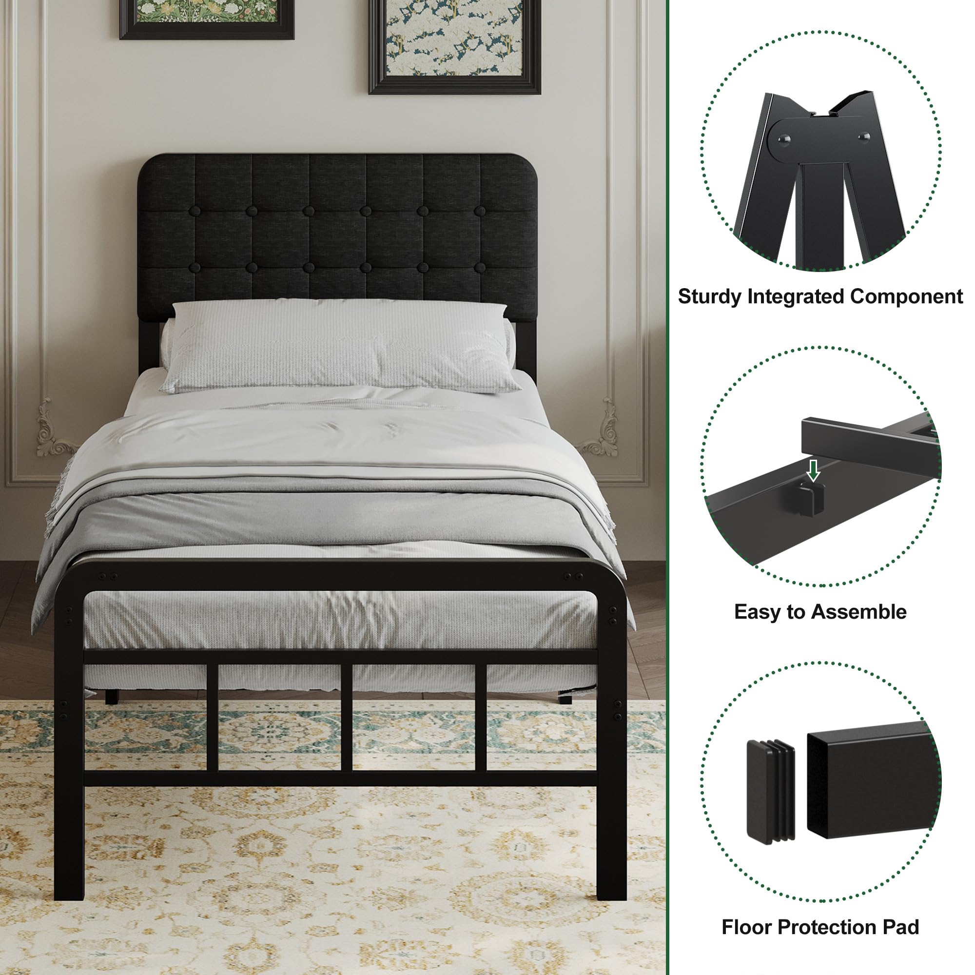 EMODA Small Single Bed Frame with Upholstered Headboard and Footboard,