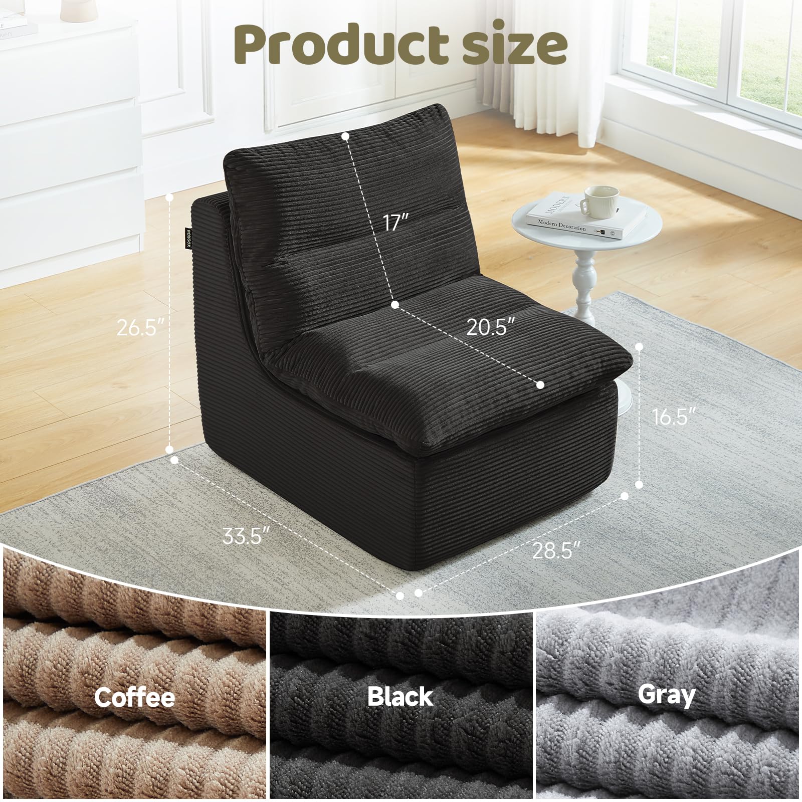 ROXGOX Boneless Chair Small Lounge Chairs for Adults, Memory Foam Single Sofa Bean Bag Chair for Living Room, Bedroom, Gaming Reading