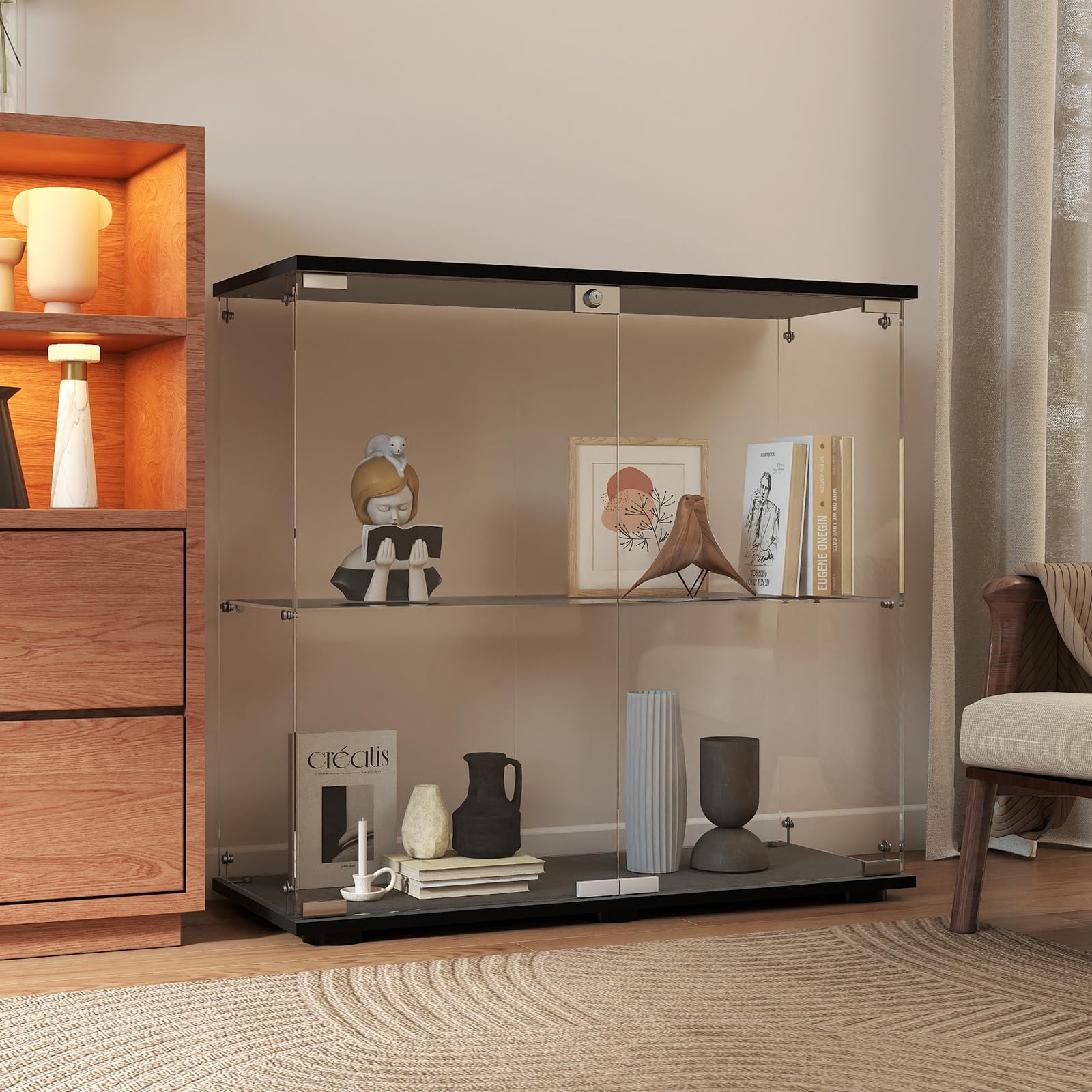 Beauty4U 2-Shelf Double Door Glass Display Cabinet, 83cm Tall, Black