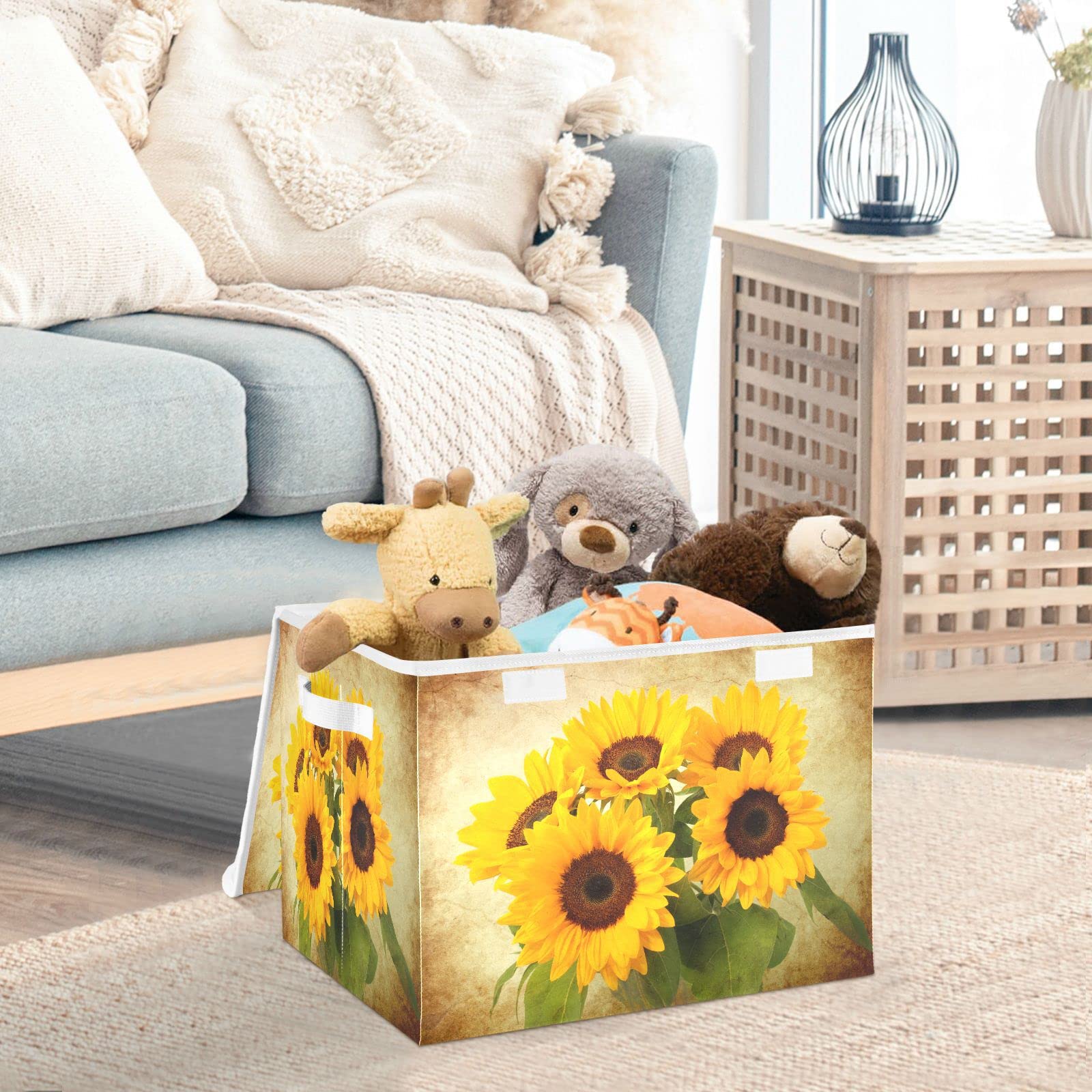 Mnsruu Storage Boxes with Lids, Sunflowers Shabby Chic Large Storage Basket Organizer Shelves Cube Bin Toy Clothes Underbed