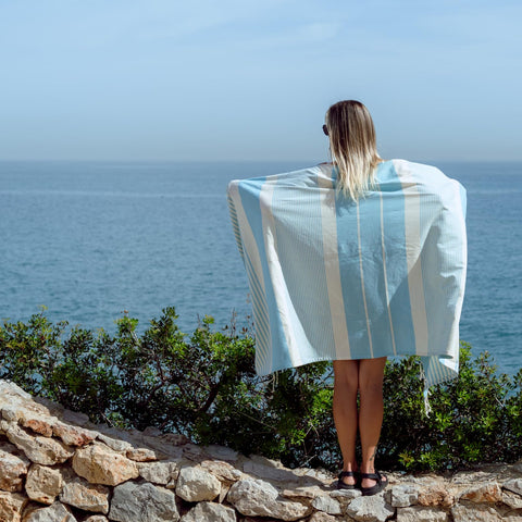 MOMOMUS 2 Pack XL Fouta or Cotton Beach Towels for Adults - Compact, Ultra-Soft, Absorbent - Extra Large Beach Towels for Adults - Turquoise 90x180cm
