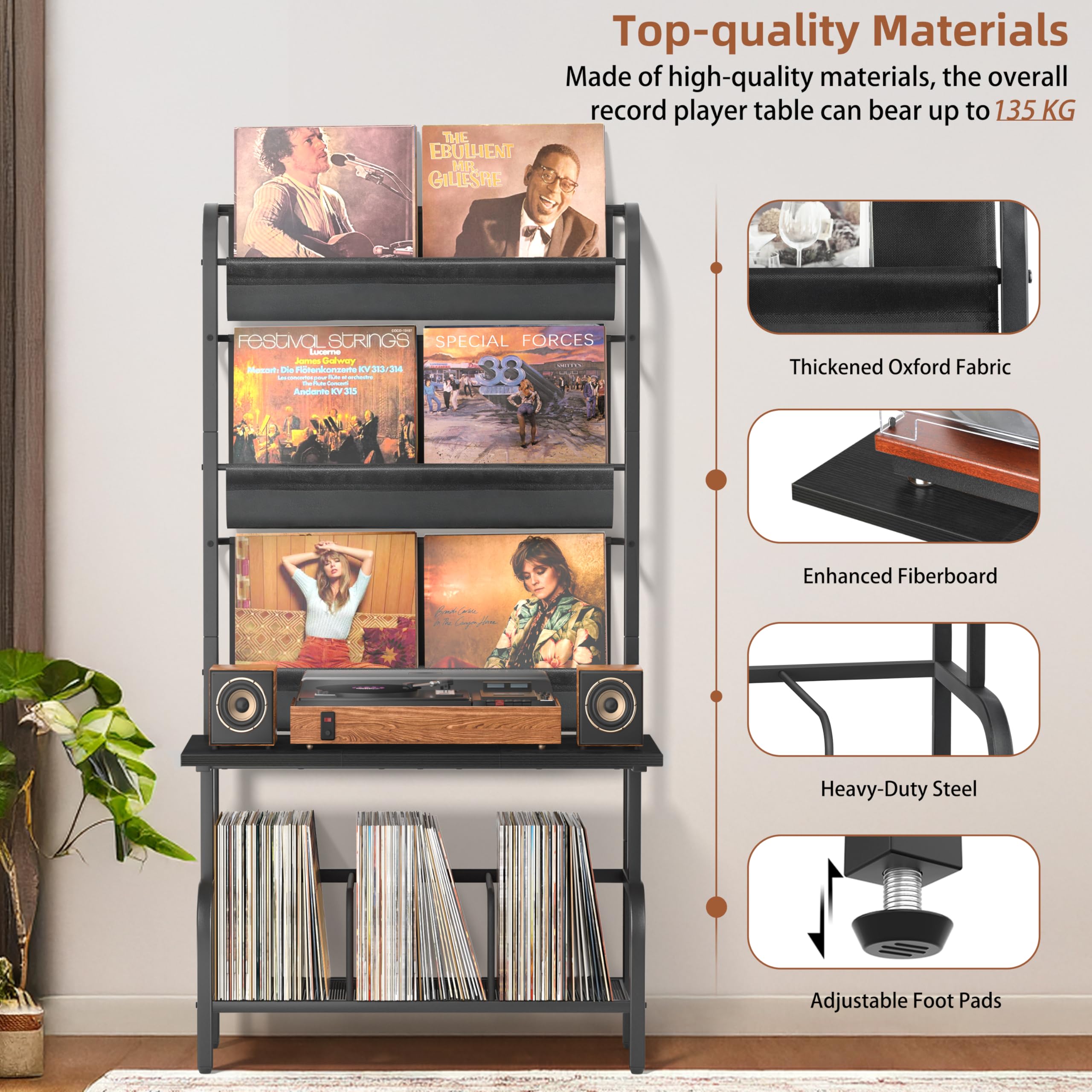Bikoney Record Player Stand with Vinyl Storage for 300 LPs - Bigger Storage