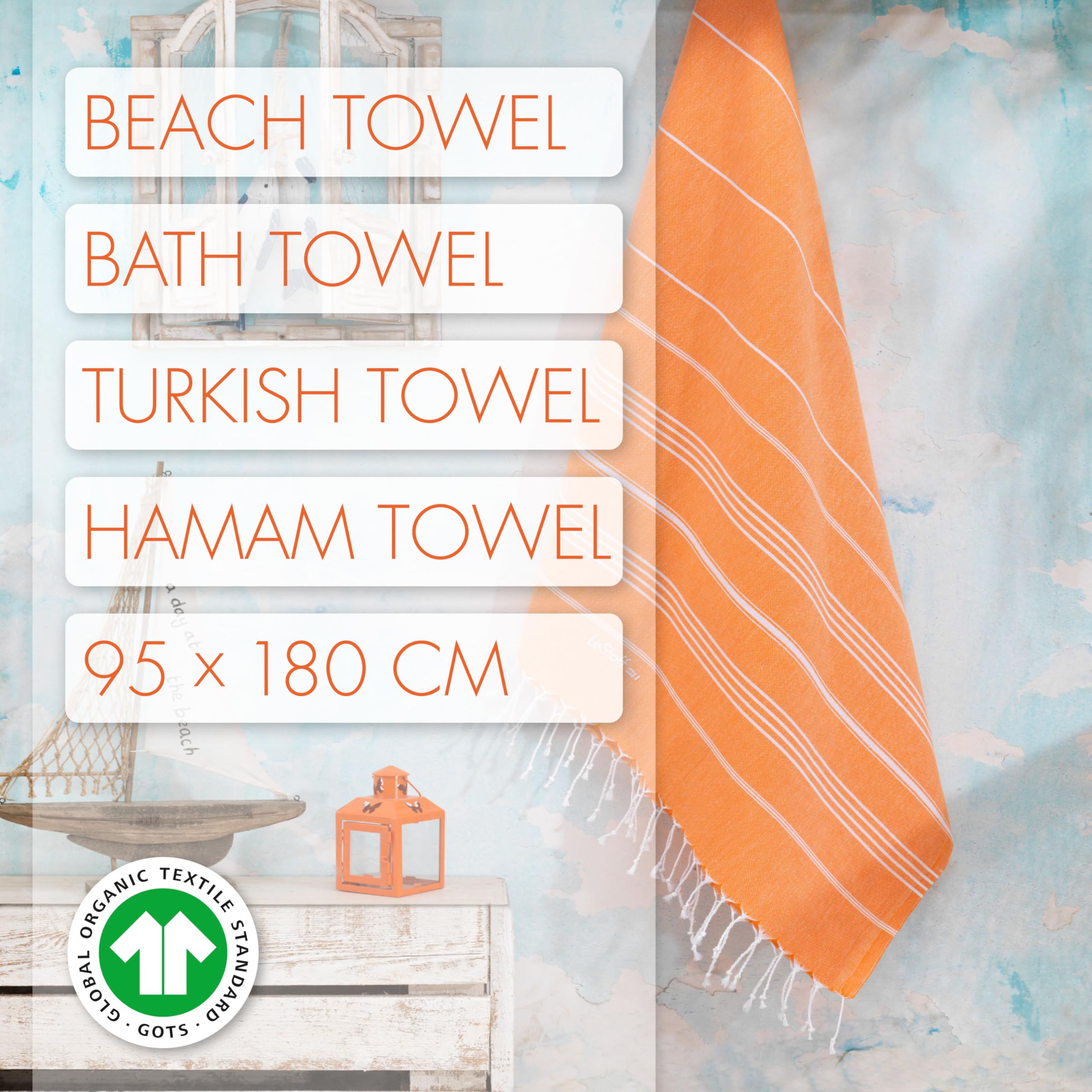 LeStoff Hammam Towel, Beach Towel, 100% Organic Cotton, 95x180 cm, Orange