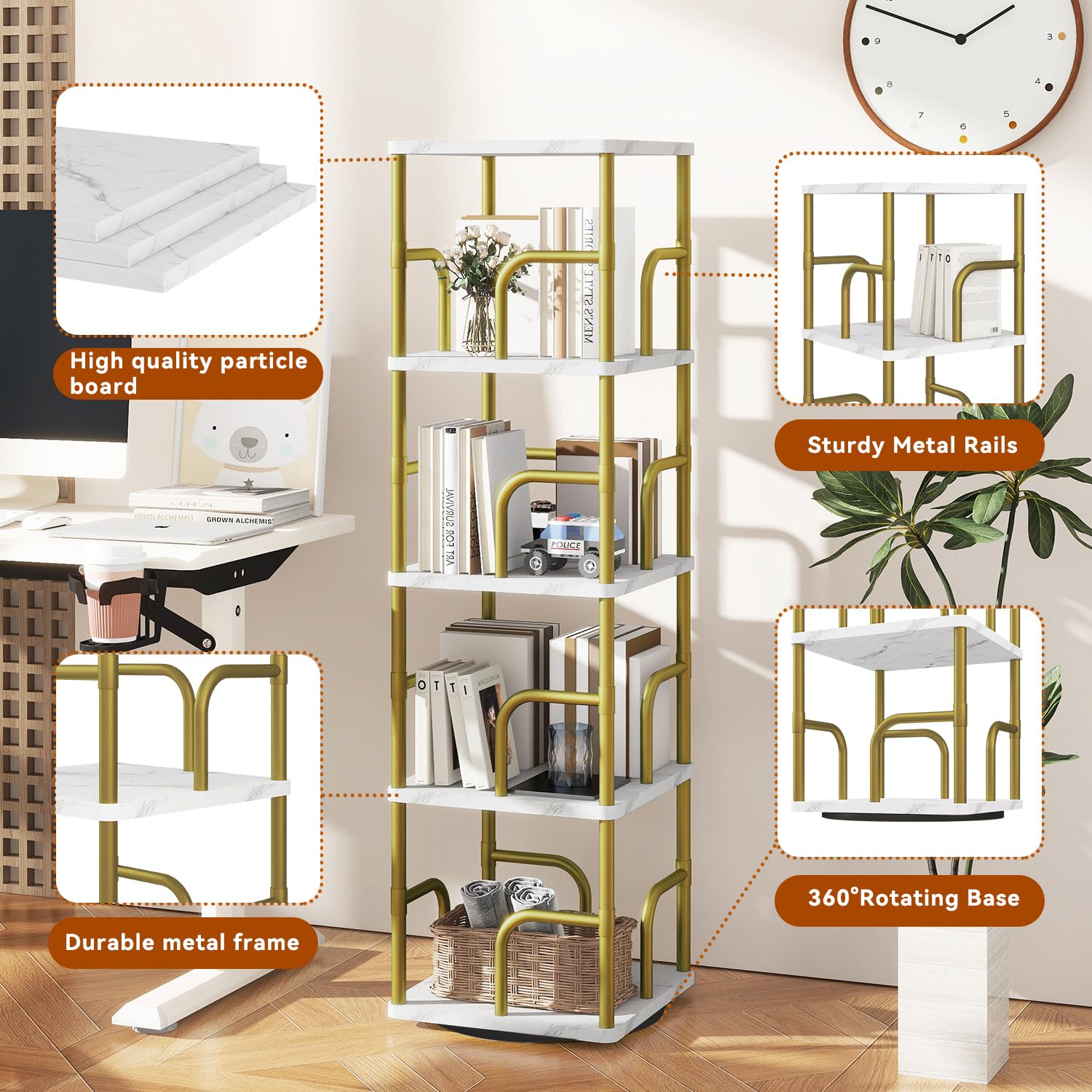 IBUYKE 5 Tier Rotating Bookshelf,Square Bookcases,White TBC004GW