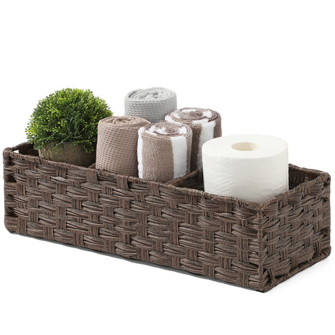 [Larger Compartments] Toilet Tank Topper Paper Basket - Multiuse Hand Woven Plastic Wicker Basket with Divider for Organizing