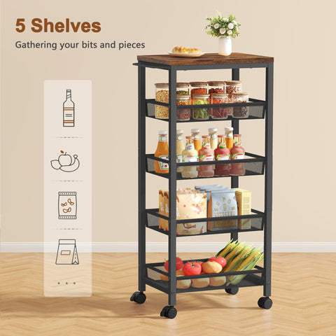 Hoctieon Slim Rolling Storage Cart, 5-Tier Narrow Kitchen Storage Cart with Handle & Wheels, Mobile Shelving Unit, Wooden Top & Metal Frame
