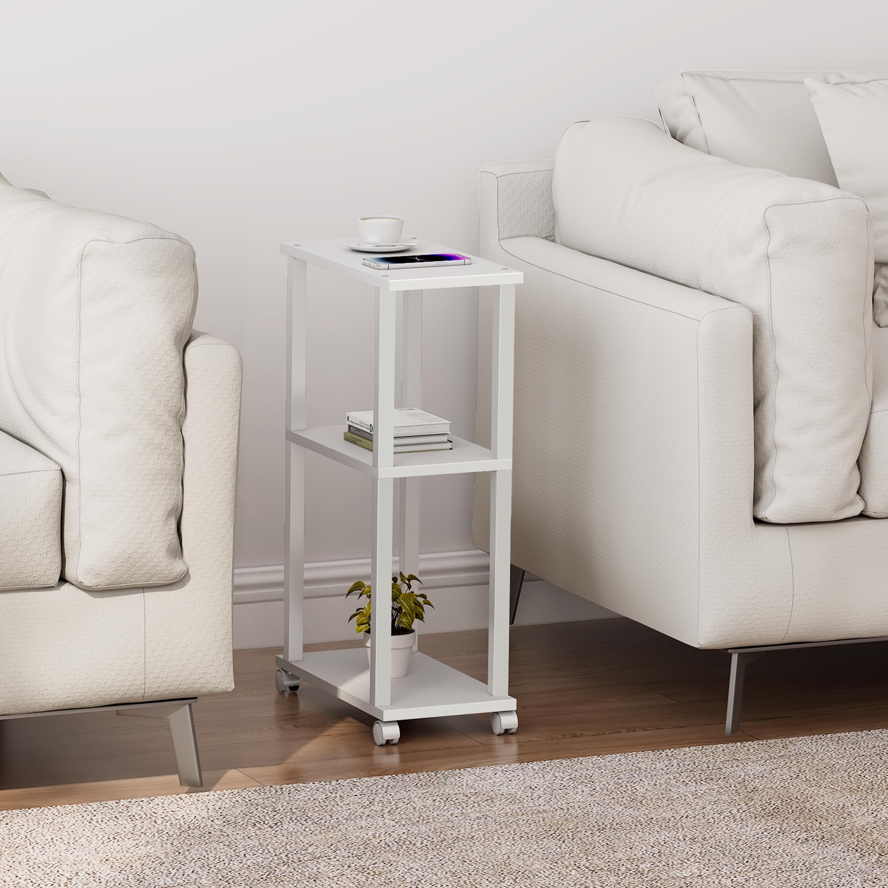 TUTOTAK Small Side Table, Narrow End Table, Bedside Table, Set of 2, Couch Sofa Table with Wheels for Living Room, Bedroom, White V1TB01BW0612EU