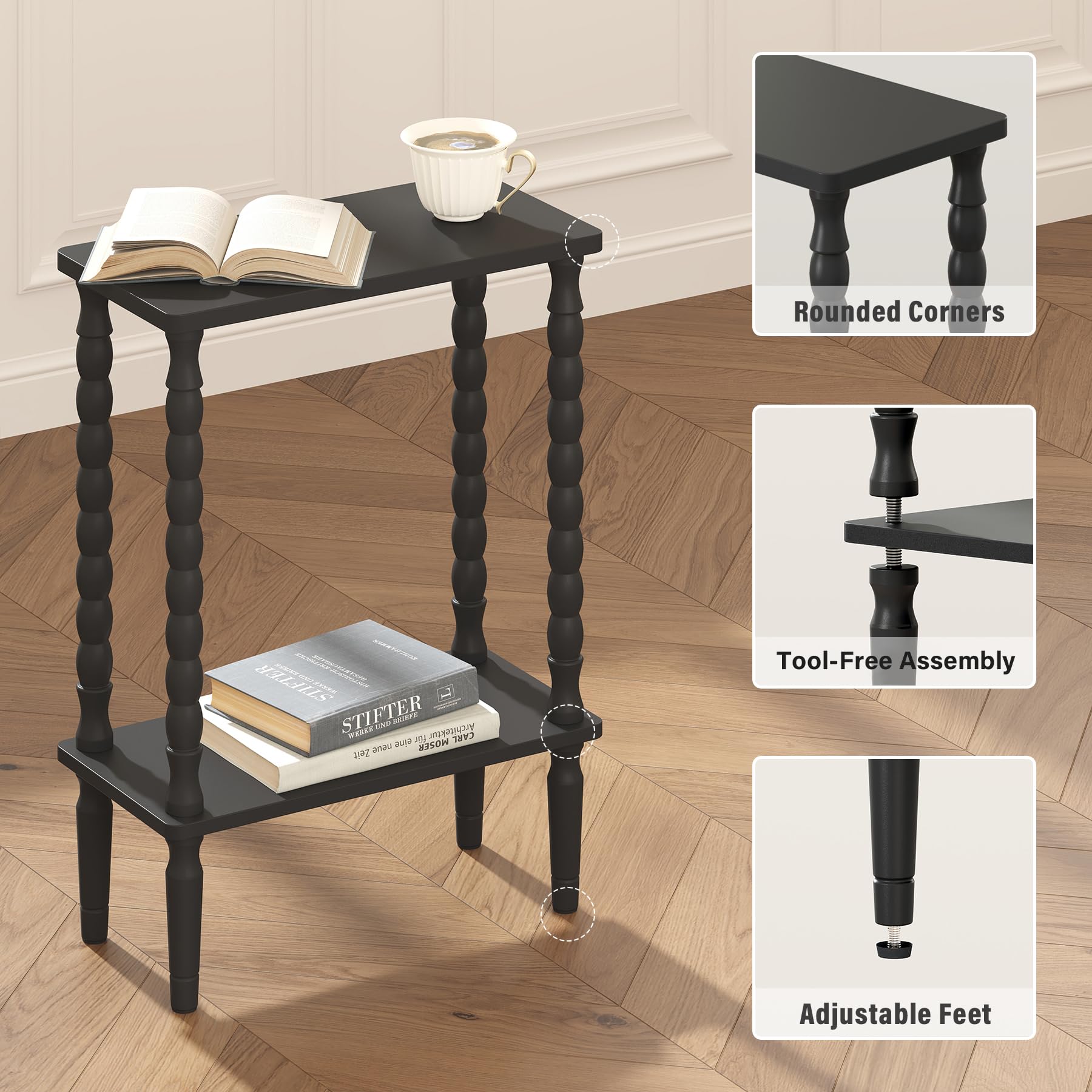 TUTOTAK Narrow Side Table, 2-Tier Small End Table with Storage, Slim Skinny Nightstand for Small Spaces, Living Room, Bedrooms, Black TB01BK001EU