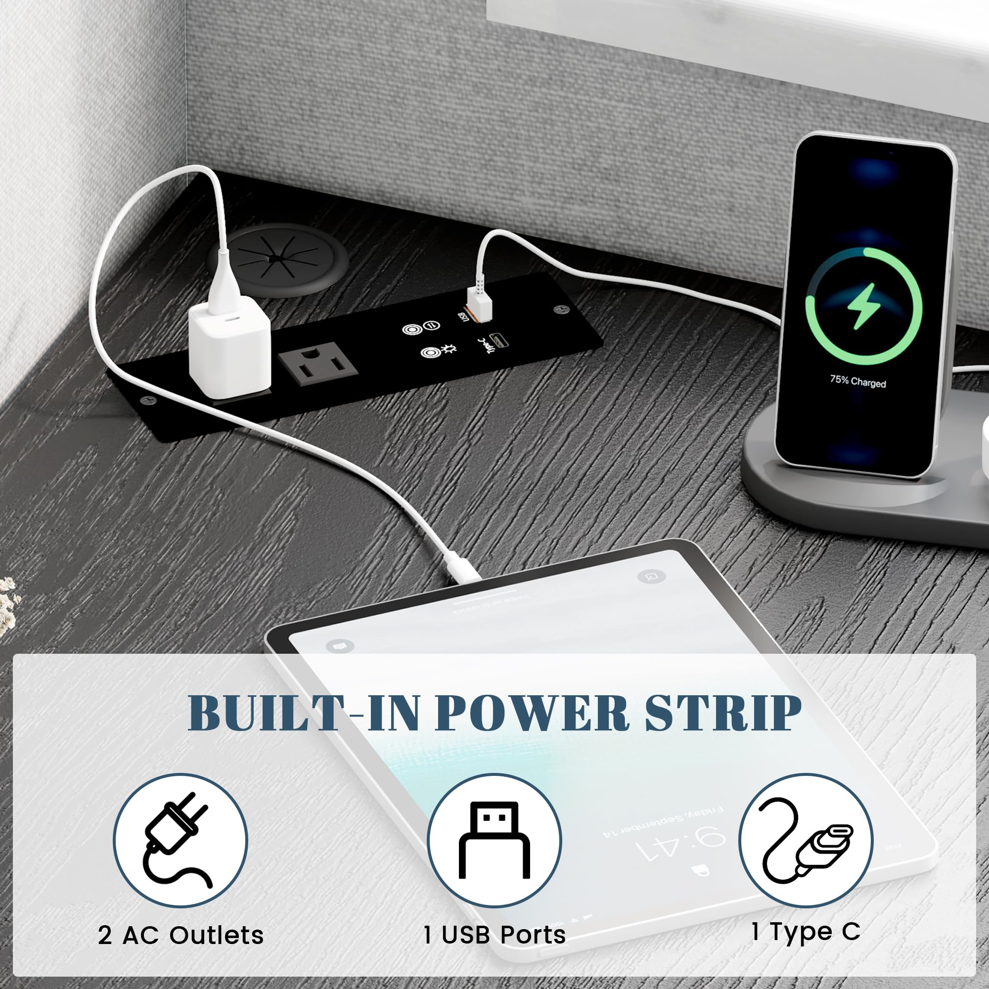 FREDEES Corner Desk with Charging Station & LED Light, Black