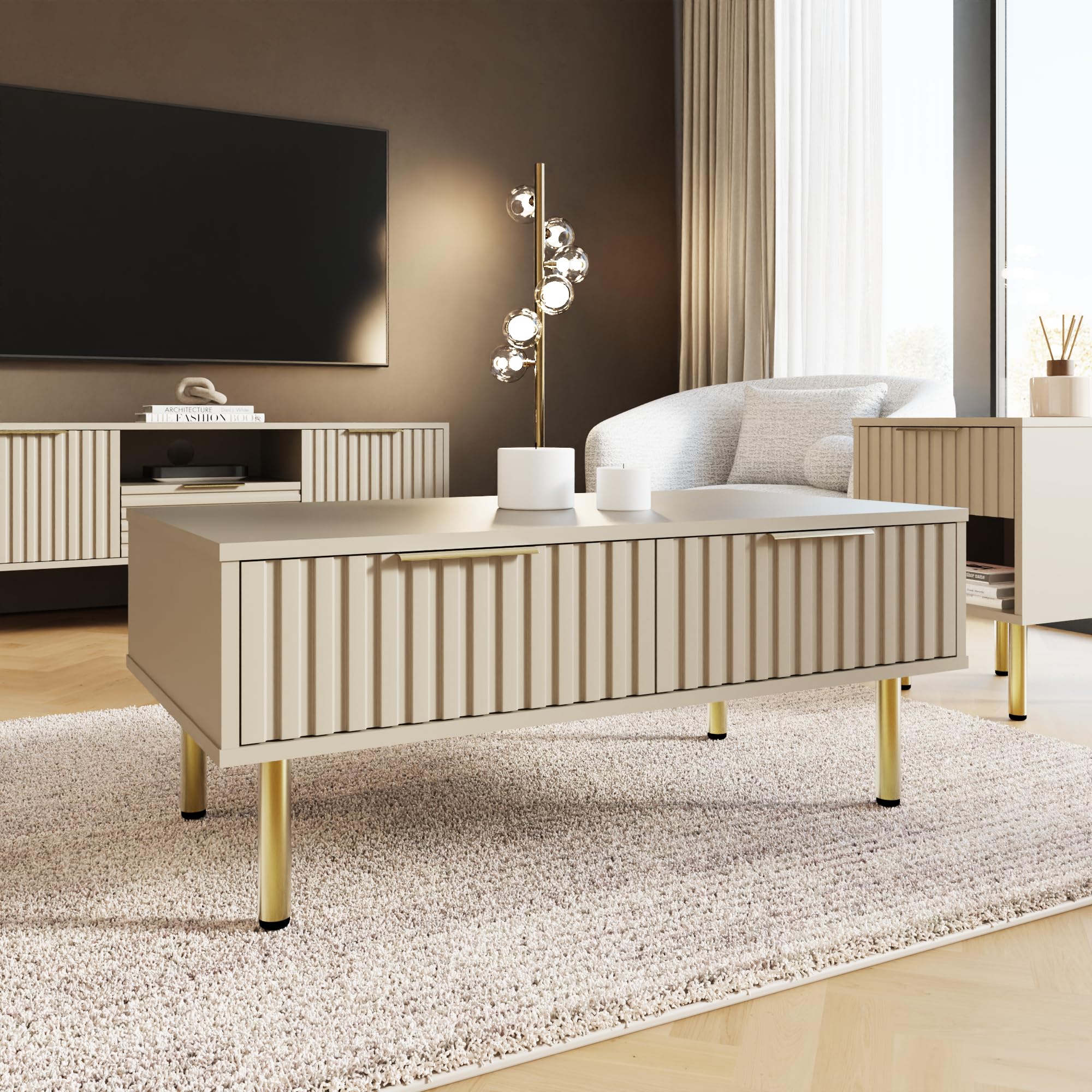 GFW Nervata Coffee Table with 2 Drawers, Oak Effect Living Room Table with Gold Accents & Wood Grain Finish