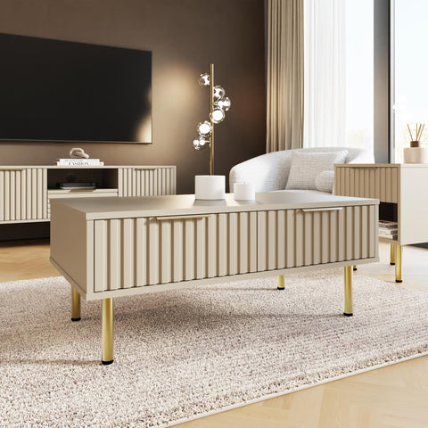 GFW Nervata Coffee Table with 2 Drawers, Oak Effect Living Room Table with Gold Accents & Wood Grain Finish
