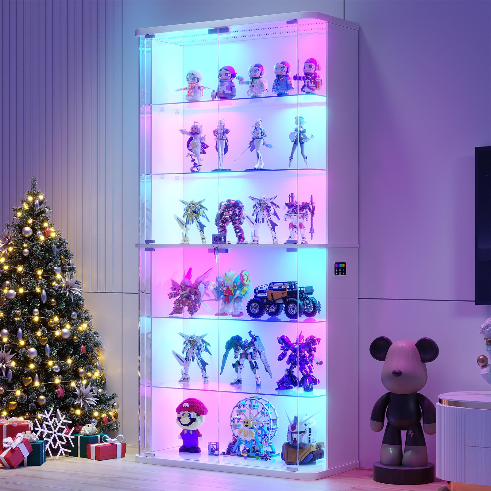 FREDEES Display Cabinet with Glass Doors and RGB Light, 6-Tier, White