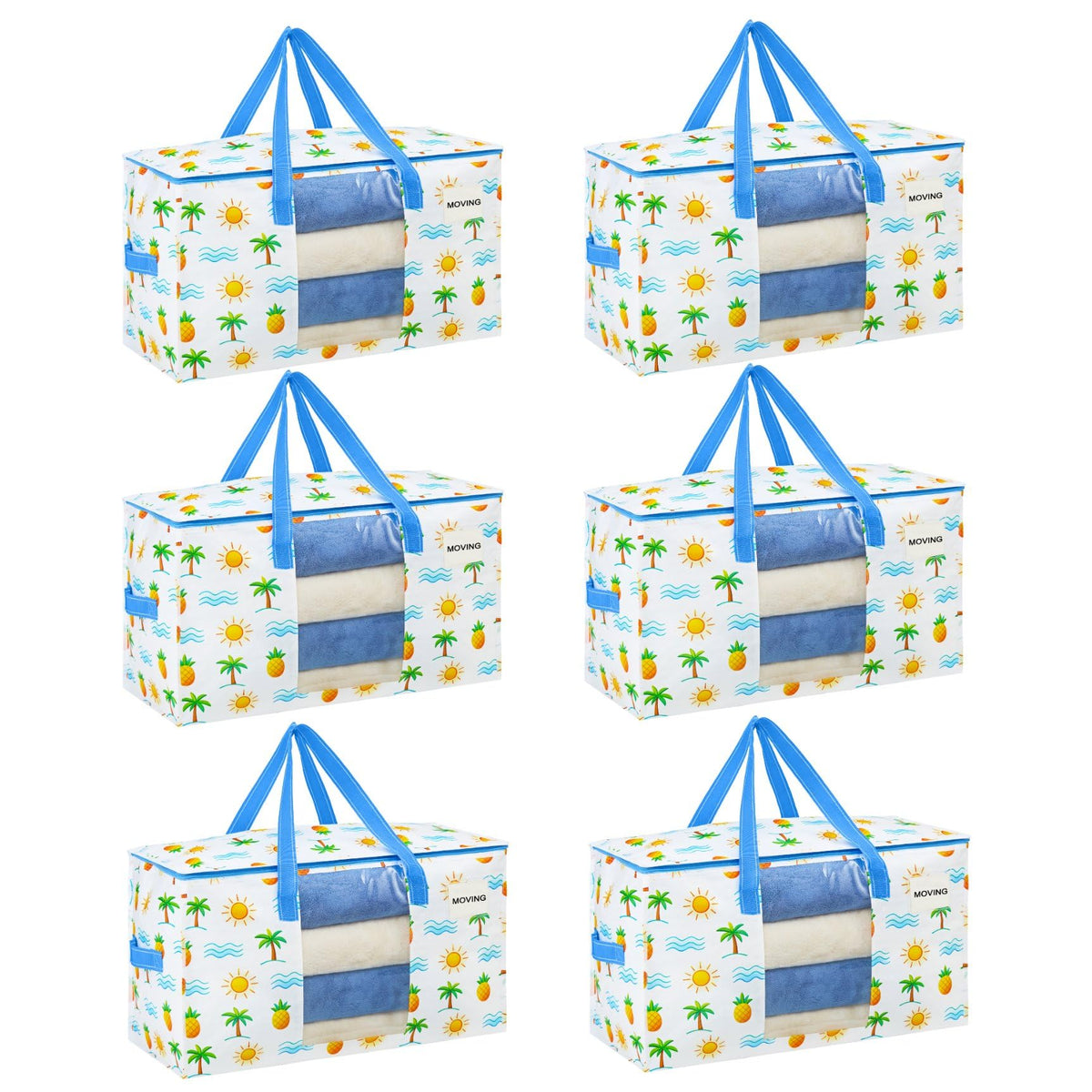 VENO 6 Pack Heavy Duty Moving Bags with Clear Window, Tropical Island, Storage Bags for Clothes and Comforter