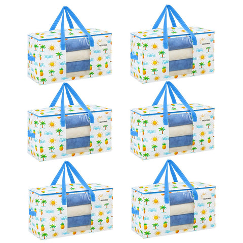 VENO 6 Pack Heavy Duty Moving Bags with Clear Window, Tropical Island, Storage Bags for Clothes and Comforter
