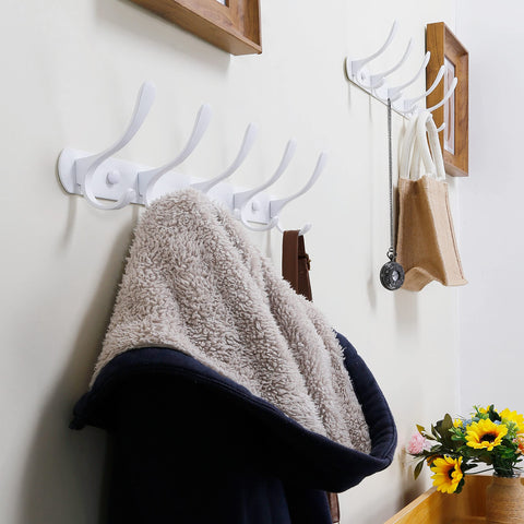 SKOLOO Modern Metal Coat Rack Wall Mount with 5 Hooks, Pack of 2, Sturdy Wall Coat Hooks for Hanging Coats, Jacket, Clothes, Hat, White