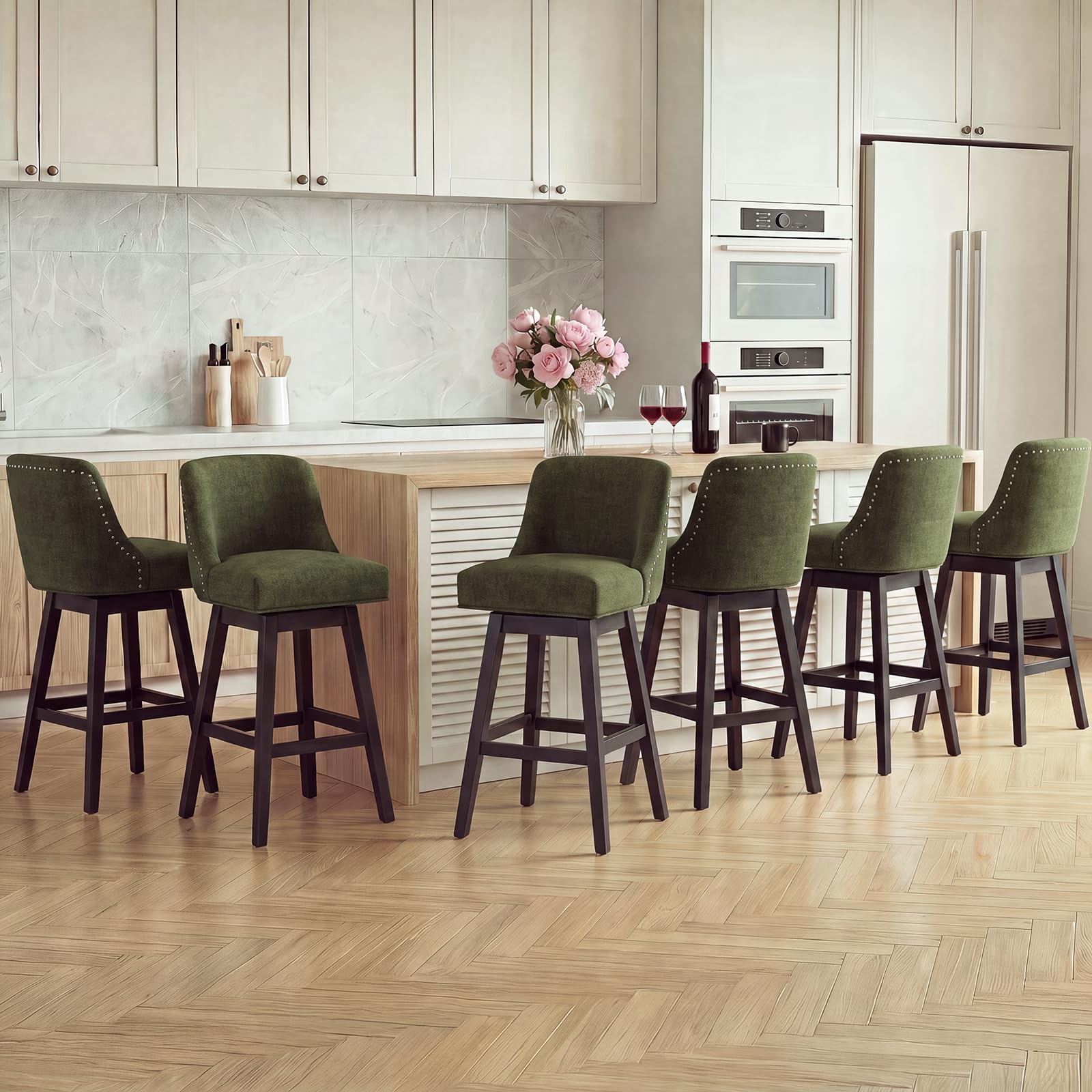 Bar Stools Set of 6, 360° Swivel Upholstered Counter Stools with Back, Wooden Frame Kitchen Bar Chairs with Nailhead Trim