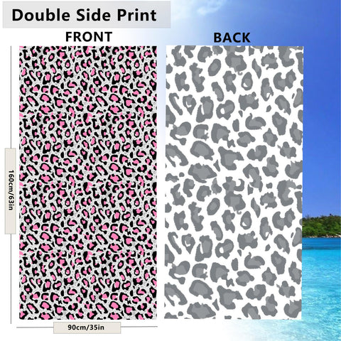 Large Microfibre Beach Towel for Adult,160x90cm Double Side Pink Gray Leopard Printed Sand Free Beach Towel,Lightweight Quick Dry Travel Swim Towel