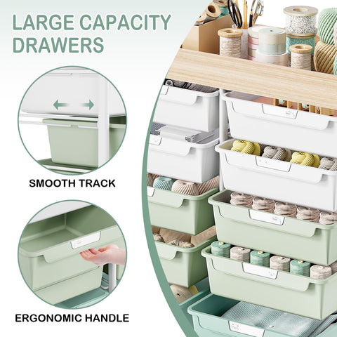 10 Drawers Rolling Cart with Wooden Tabletop, Utility Storage Cart with Wheels, Art Supply Craft Organizer on Wheel with Metal Frame & Handles for