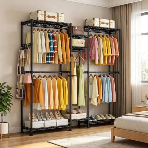 VyGrow Clothes Rail,Clothes Rack for Hanging Clothes,Adjustable Closet Organizer System, Double Rods, Side Hooks, Black