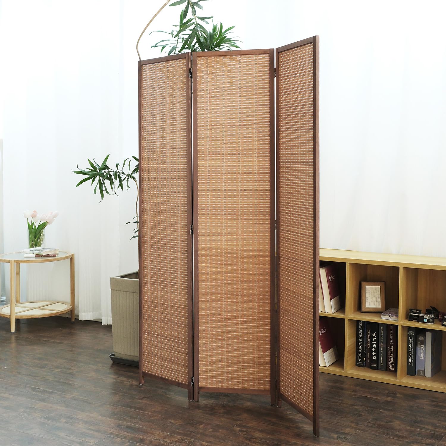Furnnylane 3 Panel Bamboo Room Divider and Folding Panel Screen,Bamboo Panel Divider for Room Separation,Brown,170 cm H x 117 cm W