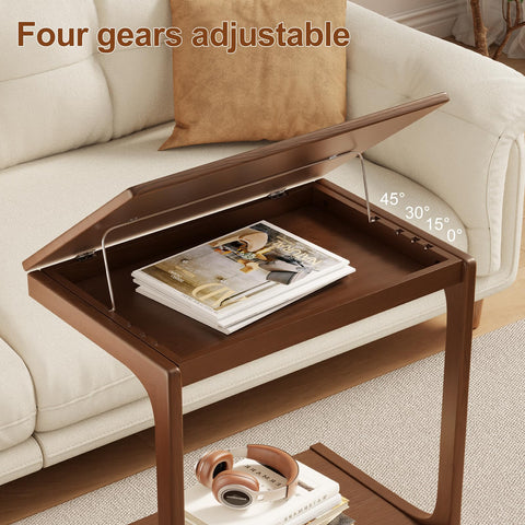 AQIMUELE Wooden C-Shaped End Table,Couch Table with Adjustable Desktop,Small Rolling Side Table with 2 Lockable Wheels 60 Width,Small End Table for
