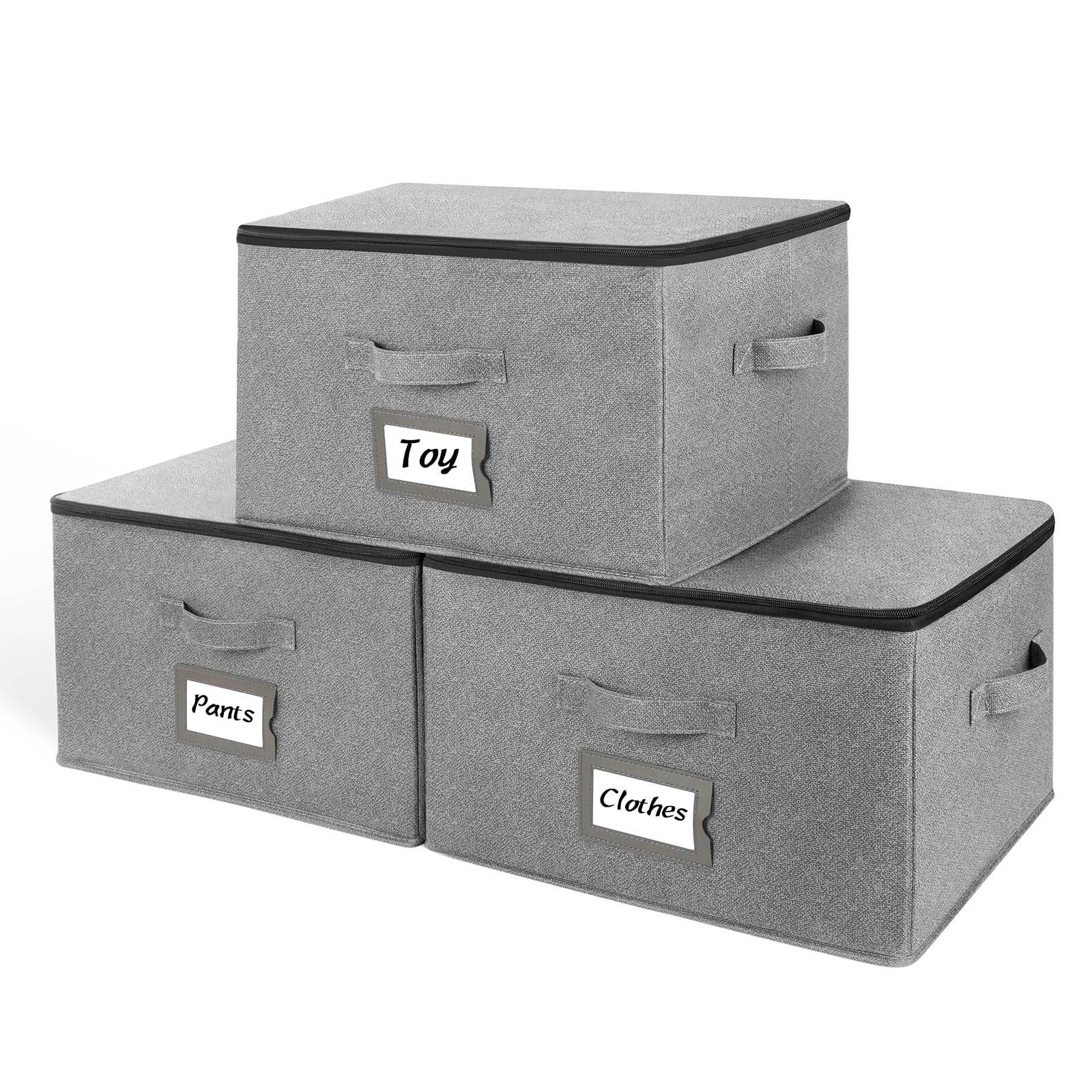 BrilliantJo Storage Boxes with Lids set of 3, Clothes Organiser with Label Holder & Double Zips 40x30x25cm Grey