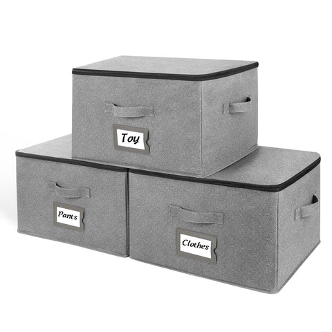 BrilliantJo Storage Boxes with Lids set of 3, Clothes Organiser with Label Holder & Double Zips 40x30x25cm Grey